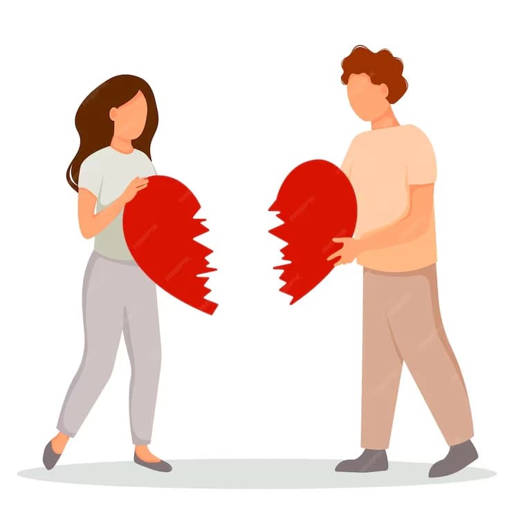 Two people holding opposite halves of a broken heart